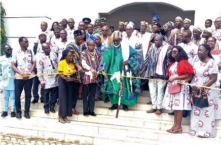 Naa Mahamadu Bawa (middle), the Paramount Chief of the Nanton Traditional Area, being assisted by Samuel Kow Donkoh (3rd from left), the President of the PSGH, and Shani Alhassan Shaibu (2nd from left), the Northern Regional Minister, to cut the ribbon to officially open the event. Naa Mahamadu Bawa (middle), the Paramount Chief of the Nanton Traditional Area, being assisted by Samuel Kow Donkoh (3rd from left), the President of the PSGH, and Shani Alhassan Shaibu (2nd from left), the Northern Regional Minister, to cut the ribbon to officially open the event.